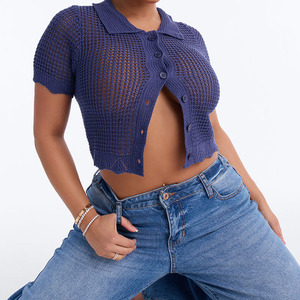 Nouvel Arrivage – Cardigan Tricoté Fait Main Bleu à Manches Courtes pour Femme, Col Rabattu, Boutons, Creux, Décontracté, Haut d'Été pour Femme - Product Image 1