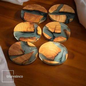 vTop Export Quality Omar Creations Natural Wood Color 10*10*1cm Wood Epoxy Resin Reusable <b>Coasters</b> <b>Drink</b> Tea Coffee Holes Free - Product Image 1