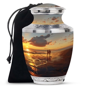 Urna Funeraria Decorativa de Aluminio Hecha a Mano para Cenizas Humanas, con Diseño de Paisaje Oceánico y Playa al Atardecer - Product Image 5