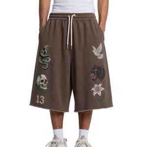 Custom Embroidery Fleece <b>Sweat</b> <b>Shorts</b> Men Loose Heavyweight Raw Hem Graphic Knee Length Bermuda <b>Shorts</b> Casual Brown Track <b>Shorts</b> - Product Image 1