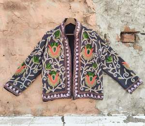 Open Front Pockets Trendy Winter Outerwear Belt Made Soft Fabric Handmade Women's Suzani Jacket Elegant Embroidery Comfortable - Product Image 1