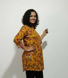 Kurti en coton imprimé floral vert pour femme, coupe classique, style ethnique décontracté, toutes saisons, style Inde Pakistan, recyclé - Product Image 2