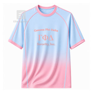 Maillot de football personnalisé Gamma Phi Delta à manches courtes avec logo sur le devant, dégradé bleu ciel et rose, en polyester respirant - Product Image 1