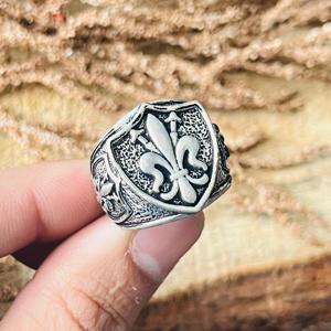 Anillo Fleur De Lis, Anillo de Sello Gótico con Escudo para Hombre, Plata Oxidada, Latón, Joyería de Moda, Venta al por Mayor - Product Image 5