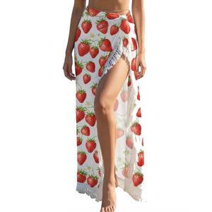 Women Strawberry Print Chiffon Sarong <b>Beach</b> <b>Wrap</b> Asymmetric <b>Skirt</b> With Tassel Edge Swimwear Cover Up Summer Resort Wear - Product Image 1