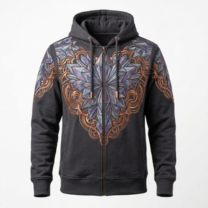 Sudadera con capucha para hombre, negra, con estampado geométrico, cierre de cremallera, corte regular, informal, para otoño, con estampado por sublimación, tejido de punto - Product Image 1