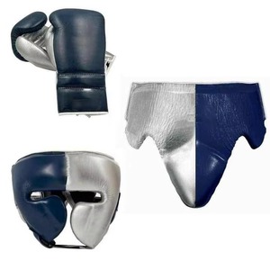 Ensemble de boxe 3 pièces en cuir véritable avec logo personnalisé, comprenant des gants, un protège-tête et un protège-guêtres, pour l'entraînement - Product Image 1
