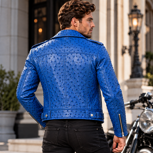 Blouson de motard en cuir d'autruche gaufré pour homme, bleu, clouté, en cuir exotique, veste de luxe pour homme - Product Image 4
