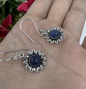 Pendientes de Plata con Lapislázuli Natural, Diseño de Flor de Sol, Minimalistas, Clásicos, Colgantes, Joyería de Moda - Product Image 5
