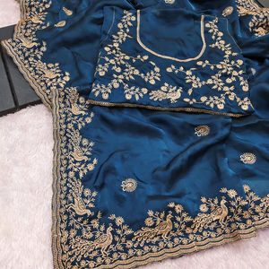 Sari de Tela Chifón Pesada Ecológica para las Cuatro Estaciones con Bordado de Hilos Zari y Patrón de Corte Decorativo - Product Image 1