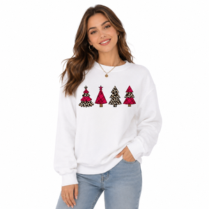 Sudadera blanca con cuello redondo y estampado de árbol de Navidad para mujer, manga larga, estampado a cuadros, suéter navideño de invierno - Product Image 1