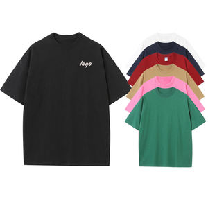 เสื้อยืดคอตตอนสีพื้นทรงโอเวอร์ไซส์สำหรับผู้ชาย แขนสั้น คอกลม สไตล์ลำลอง พิมพ์ลายโลโก้ด้านหน้า - Product Image 1