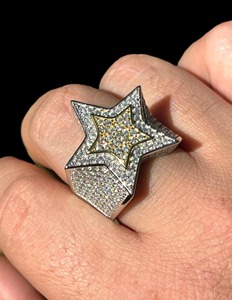 <b>Mens</b> Iced Moissanite Star <b>Ring</b> Two Tone 925 Sterling <b>Silver</b> Gold Trim Hip Hop <b>Ring</b> <b>Men</b> Bling Jewelry Statement Luxury Style - Product Image 1