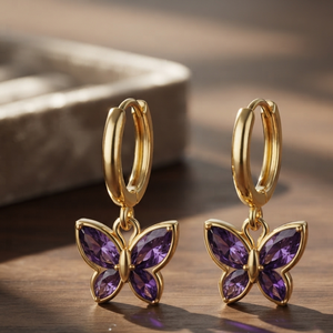 Boucles d'oreilles pendantes tendance en forme de papillon, plaquées or, en argent sterling, avec zircon violet, bijoux pour femmes, cadeau pour fête ou mariage - Product Image 1