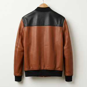 Chaqueta Bomber de Cuero Marrón para Hombre con Cierre de Cremallera y Paneles Negros, Corte Regular, Estilo Moto, para Otoño - Product Image 3