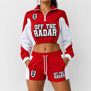 Custom Women's Winter Autumn Satin Embroidery Hooded Windbreaker Jacket & Running Shorts <b>Set</b> OEM ODM Sportswear Activewear - Product Image 4