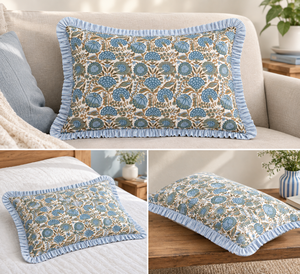 RIDHI Blue <b>Green</b> Floral Ruffle Lumbar Pillow <b>Cover</b> Set Hand Block Print Cotton Customizable Removable Washable Zipper Closure - Product Image 3