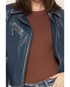 Blouson de motard pour femme en cuir de mouton véritable, bleu marine, avec patch étoile, en cuir d'agneau véritable ciré à la main, ceinturé, style cowgirl - Product Image 4