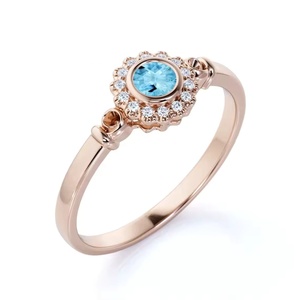 925 Sterling Silver Natural Aquamarine Round Shape <b>Ring</b> Vintage Style Bezel Set Halo Wedding <b>Ring</b> Perfect Jewelry Gift For Her - Product Image 1