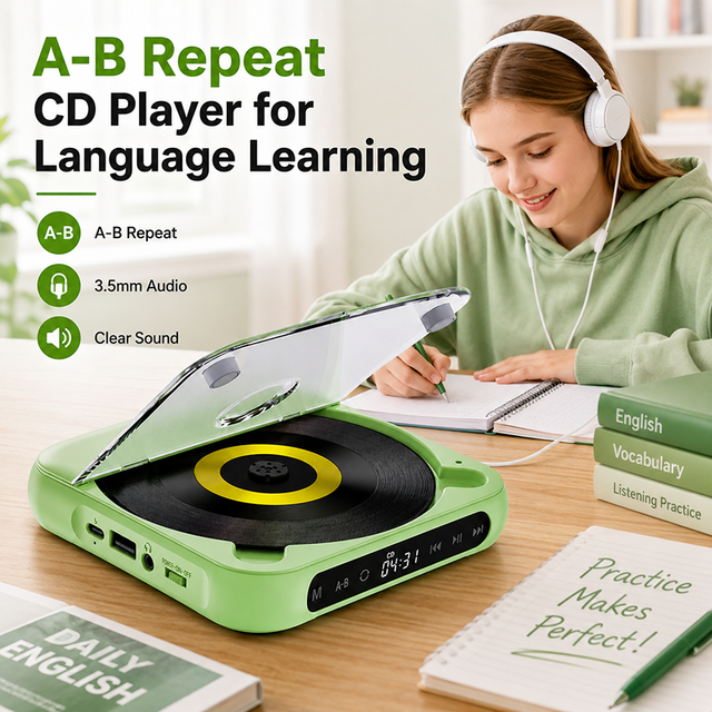 A-B Repeat Portable CD Player for Language Learning Bluetooth 5.3 USB Rechargeable CD Player with 3.5mm Audio