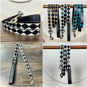 สายจูงสุนัขหนังลายตารางหมากรุกสีดำและสีขาวเครื่องมือมือแข็งแรงทนทานสำหรับฝึกเดินหรูหราออกแบบได้ตามที่ต้องการ - Product Image 3