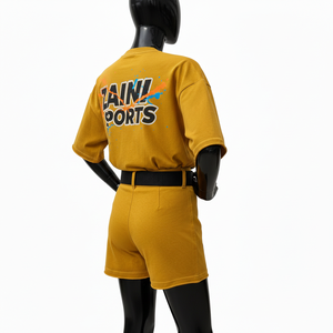 Ensemble T-shirt et short pour femme en jersey de coton de haute qualité 180 GSM, toucher doux, couleur moutarde, logo imprimé, ensembles pour femmes - Product Image 5