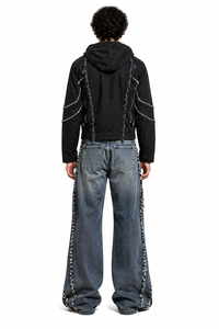 Mens Black Distressed Hooded <b>Jacket</b> Streetwear Zip Up Hoodie <b>Jacket</b> Frayed Edge Designer Outerwear <b>Slim</b> <b>Fit</b> Urban Fashion <b>Jacket</b> - Product Image 3