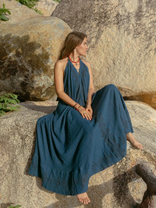 Vestido Maxi Bohemio de Algodón con Cuello Halter, Estampado a Mano, para Verano, Estilo Resort, Vestido Largo con Vuelo, Ecológico, Étnico - Product Image 6