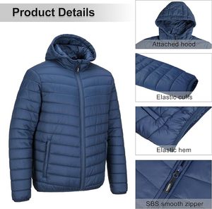 Veste matelassée à capuche bleu marine pour homme, coupe-vent, rembourrage en polyester, fermeture éclair, coupe classique, décontractée, hiver - Product Image 6