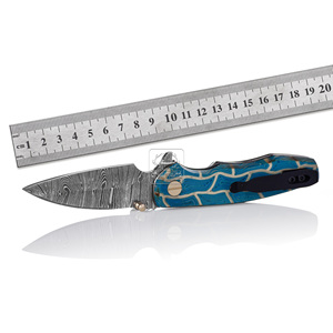 Cuchillo Plegable DIY OEM de Acero de Damasco de 18.5cm con Hoja de Punta Caída, Mango de Micarta con Huella Dactilar, Bloqueo Liner Lock, Cuchillo EDC para Camping, Funda de Cuero - Product Image 2