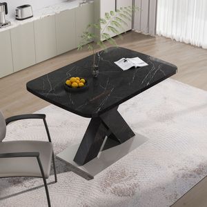 Tavolo da Pranzo Moderno Quadrato con Piano in Marmo Nero Stampato Estensibile e Base in Metallo a X in MDF W757S0001 - Product Image 4