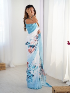 Sari indien traditionnel style été, imprimé floral, en chinnon lourd avec travail de miroir, pour femmes, tenue de soirée - Product Image 2