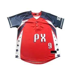 Maglia da baseball con design personalizzato rosso e blu a due bottoni maglia da baseball ad asciugatura rapida con 2 bottoni maglie da softball in poliestere leggero