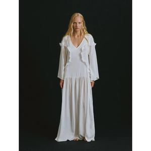 Vestido largo blanco con volantes para mujer, vestido holgado de manga larga, elegante vestido bohemio con cuello en V - Product Image 1