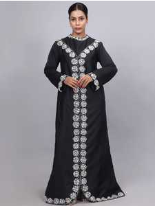 Vestido largo modesto de tafetán negro para mujer Awais House, de fibra de poliéster, manga larga, con bordado de cuentas, cuello en V, corte en A - Product Image 3