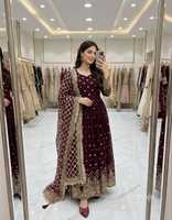 Baju Tradisional Wanita India untuk Pernikahan, Bahan Faux Georgette, Bordir Payet Tebal, Gaun Panjang, Celana, dan Dupatta