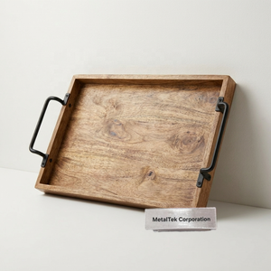 Bandeja de Servir de Madera en Oferta, con Asas de Metal Negro Mate, Bandeja Rectangular Grande Decorativa para Otomanas, Bandejas Ecológicas para Alimentos - Product Image 5