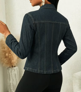 Women's Dark Blue Denim <b>Jacket</b> Long Sleeve Zipper Front Formal Style Distressed Floral Print Rhinestone Decorated Autumn - Product Image 2
