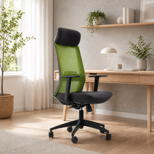 Chaise de bureau ergonomique KINSHA HR-01 en tissu, dossier haut, pivotante, accoudoirs réglables, appui-tête intégré, design moderne, usage commercial - Product Image 1