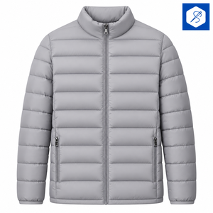 Veste matelassée grise pour homme, col montant, coupe-vent, décontractée, hiver, coupe régulière, couleur unie, style pull, 100% polyester. - Product Image 1