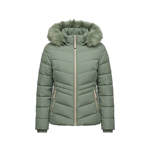 Hooded Quilted Jacket Women Winter Green Fur Trim Full Sleeve Windproof Polyester Filling Regular Length Zipper Closure - Product Image 1