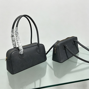 Black Genuine Leather <b>bowling</b> Bag With Zipper Closure Two Handles Ruched Detail Minimalist Women's Handbag Daily Use - Product Image 3