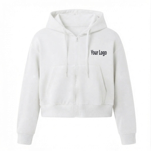 Sudadera con capucha corta para mujer con logotipo personalizado, con cremallera y bolsillos, ropa exterior informal transpirable con logotipo personalizado - Product Image 3