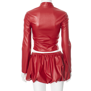 New Fashion Women Clothing Pu Leather Matching Set Casual Short Sleeve <b>Button</b> Top Short <b>Suit</b> Pu Leather 2 Pieces Set - Product Image 2