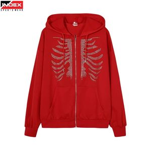 Sudadera con Capucha Roja INDEX con Cierre, Diseño de Esqueleto con Pedrería, Unisex, Estilo Gótico, para Otoño - Product Image 1