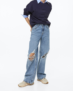 Jean décontracté droit pour femme en denim délavé, respirant, en coton et élasthanne, avec plusieurs poches, style urbain - Product Image 1