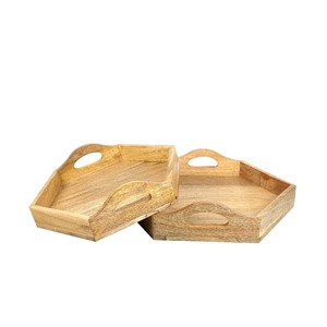 Hexagon Wooden Serving <b>Tray</b> With Handles For Drink And Food <b>Storage</b> Minimalist Design Unfinished Natural Wood Finish - Product Image 3