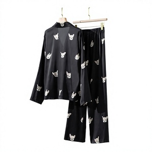 OEM personnalisé soie pyjamas femmes costume à manches longues vêtements de nuit de luxe maison vêtements pantalons printemps et automne imprimer noir chemise de nuit - Product Image 2