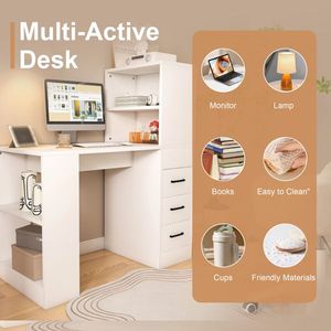 โต๊ะคอมพิวเตอร์ไม้สีขาว พร้อมชั้นวางของ 4 ระดับ และลิ้นชักเลื่อน 3 ช่อง พร้อมปลั๊กไฟ 4-in-1 สำหรับผู้ใช้ V-Users - Product Image 2