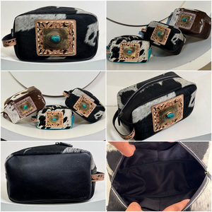 Trousse de toilette de voyage en cuir usiné à la main de haute qualité personnalisée, trousse de maquillage en cuir de vachette véritable pierre turquoise - Product Image 4